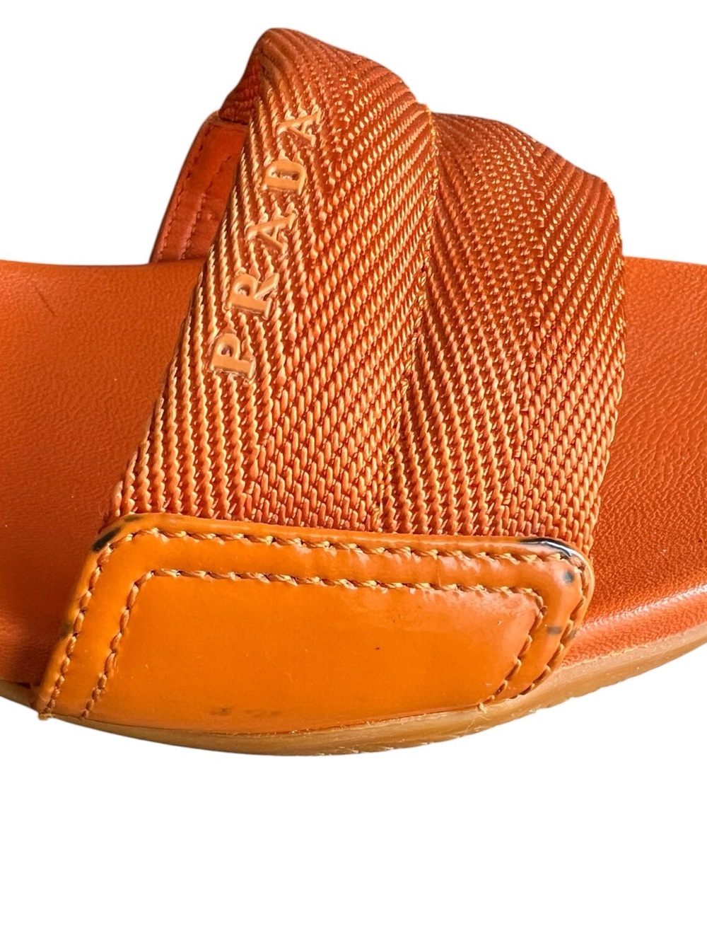 Prada Sport Vintage Women’s Nylon Logo Orange Kitten Heel Sandal Slides Heels 38 - Picture 5 of 13